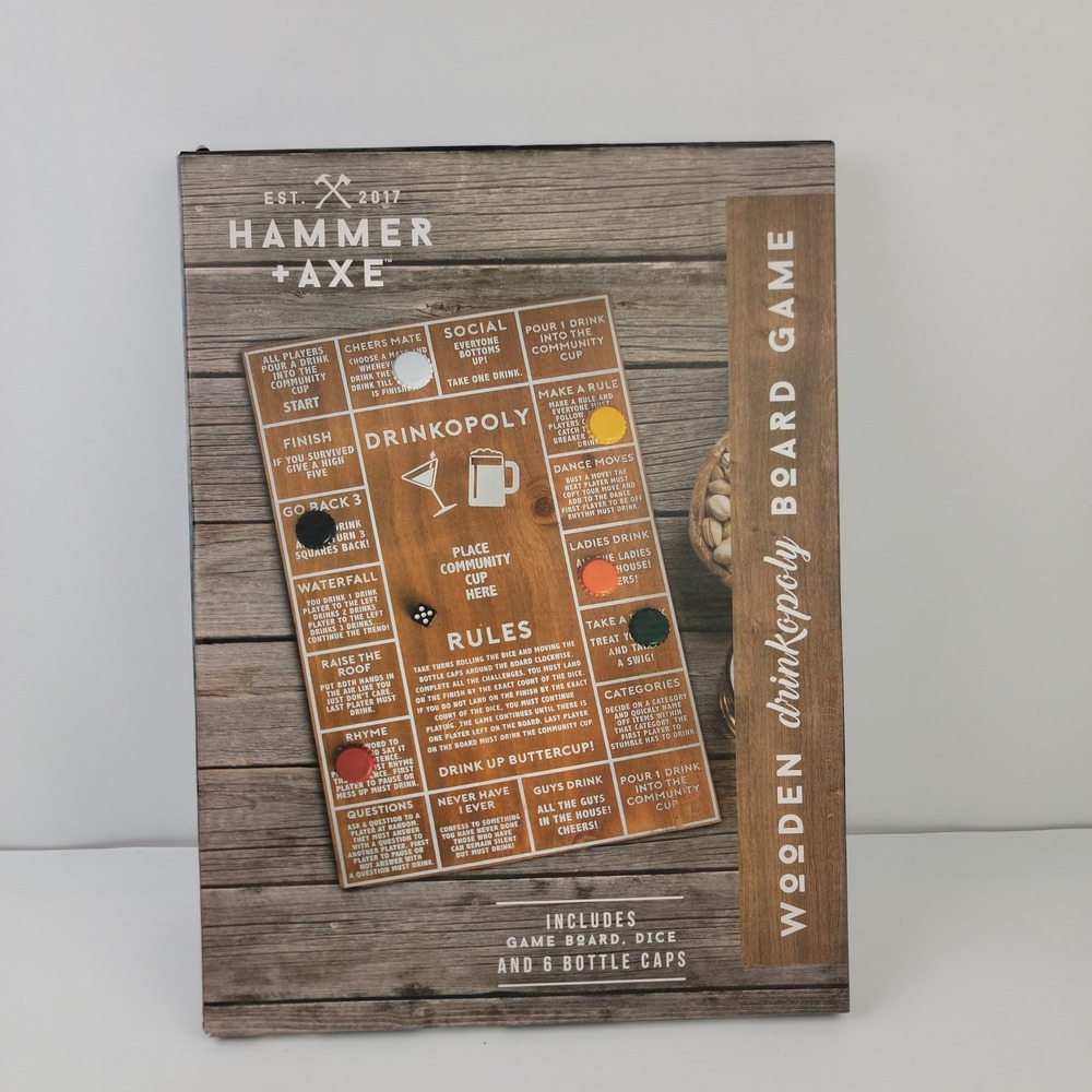 Hammer + Axe Wooden Drinkopoly Board Game Brown Wood Party Drinking Game